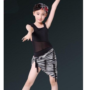 Black one shoulder leotard tops girls triangle fringes hip scarf skirt girls kids children performance latin salsa cha cha dance dresses sets outfits